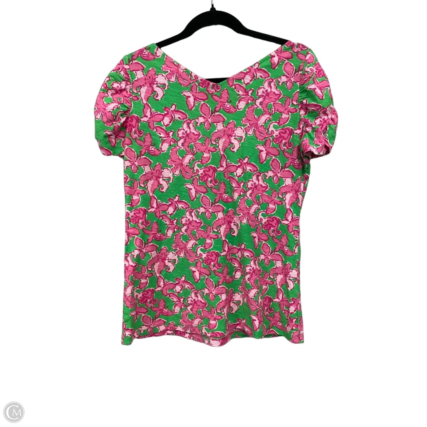 Top Short Sleeve Designer By Lilly Pulitzer In Green & Pink, Size: L
