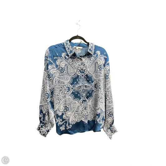 Blouse Long Sleeve By Chicos In Blue & White, Size: 12