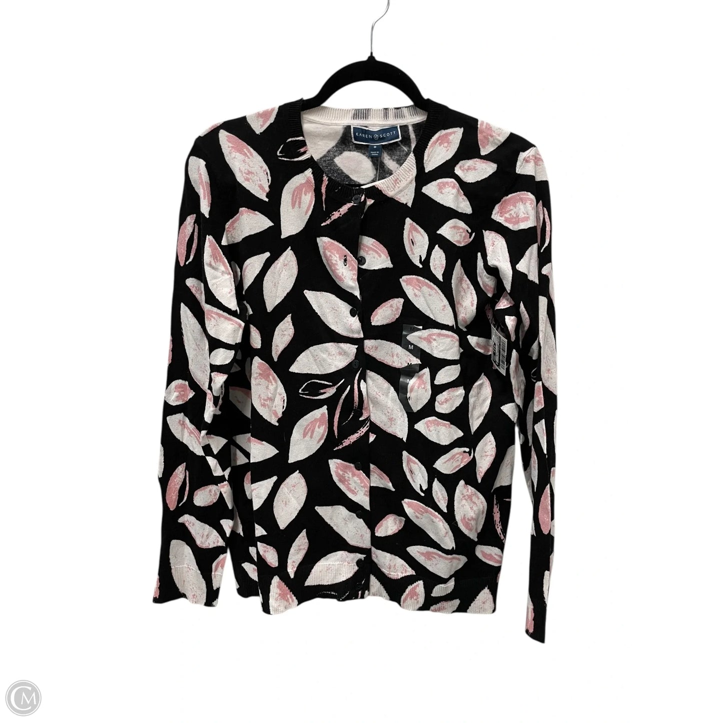 Sweater Cardigan By Karen Scott In Black & Pink, Size: M