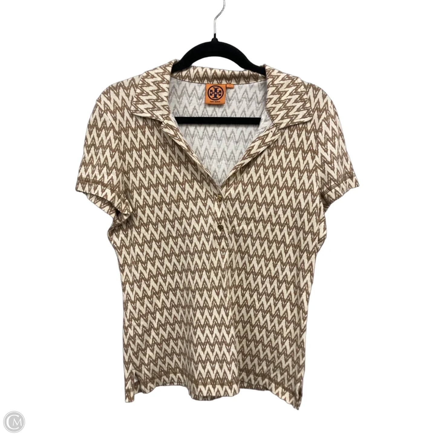 Top Short Sleeve Designer By Tory Burch In Brown & Cream, Size: L