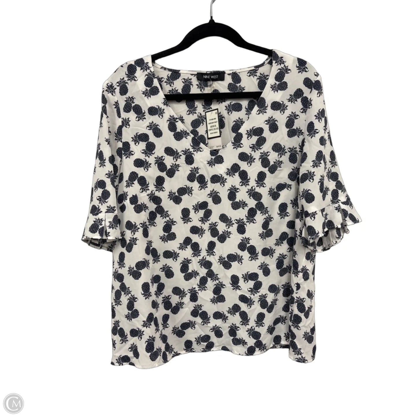 Blouse Short Sleeve By Nine West Apparel In Blue & White, Size: Xl