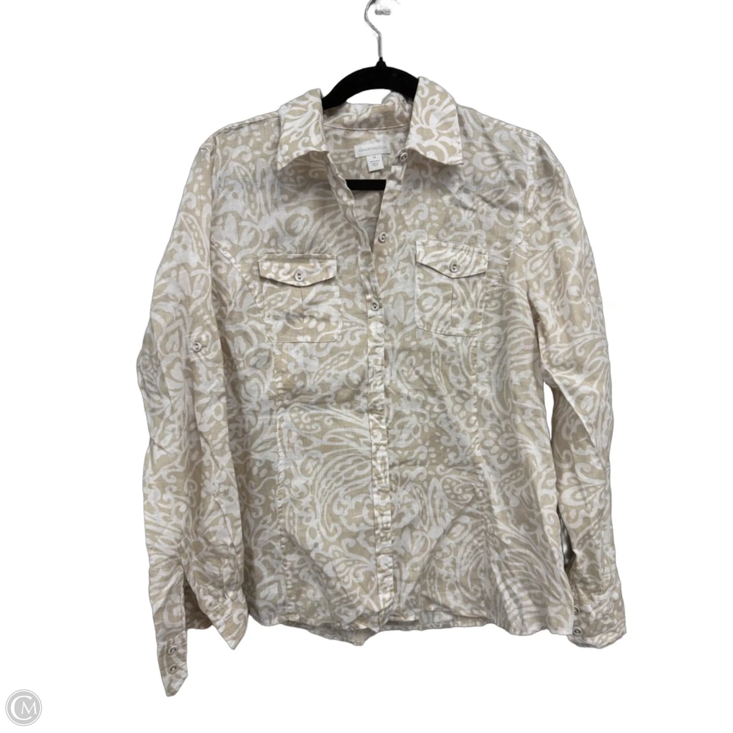 Blouse Long Sleeve By Charter Club In Tan & White, Size: 14