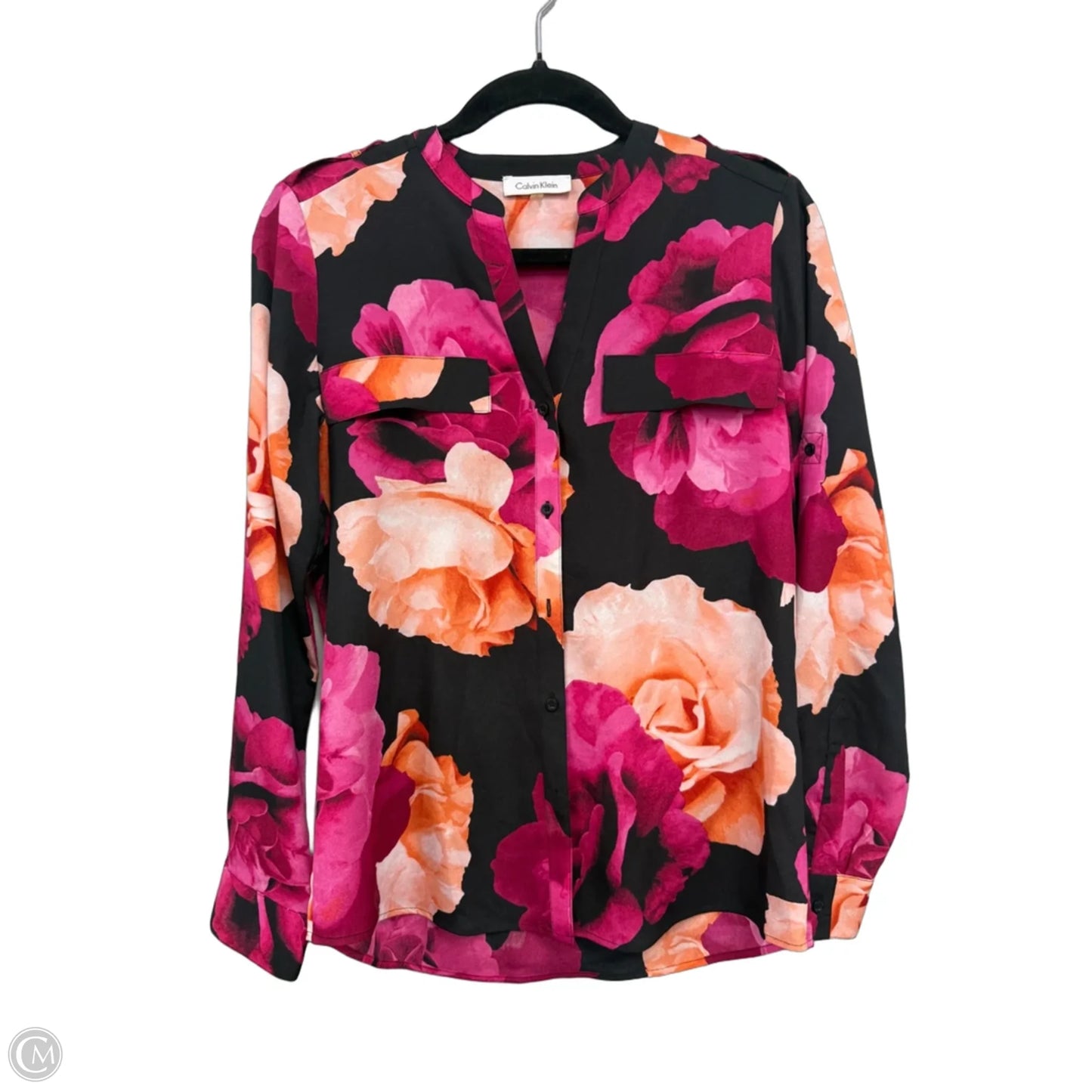 Blouse Long Sleeve By Calvin Klein In Black & Pink, Size: S