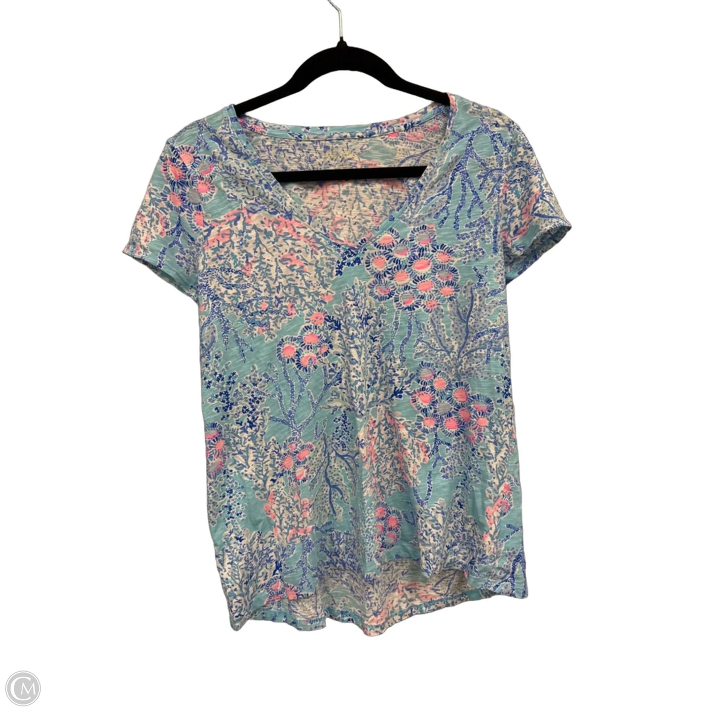 Top Short Sleeve Designer By Lilly Pulitzer In Blue & Pink, Size: S