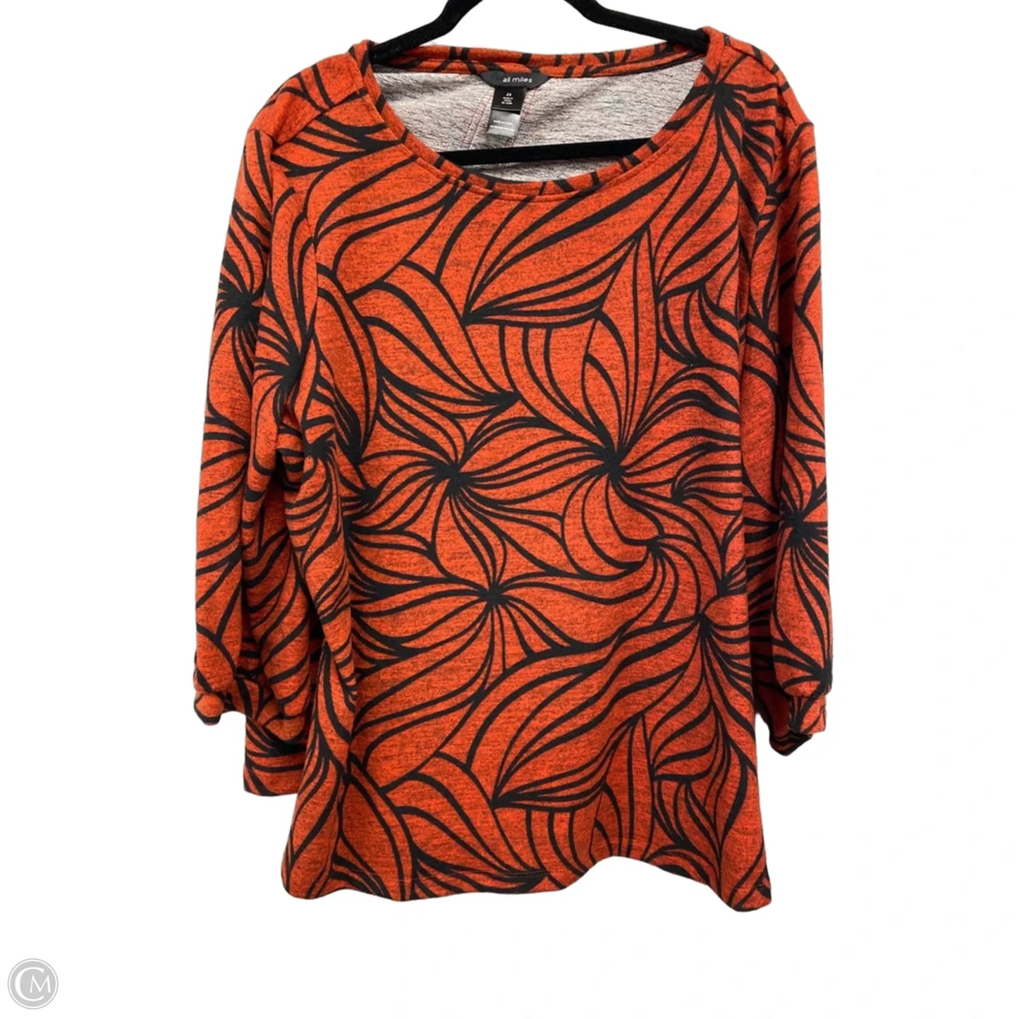Top 3/4 Sleeve By Ali Miles In Black & Orange, Size: 2x