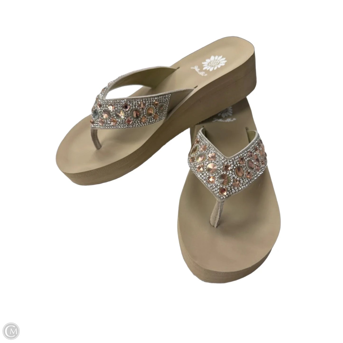 Sandals Flip Flops By Yellow Box In Silver & Tan, Size: 8.5