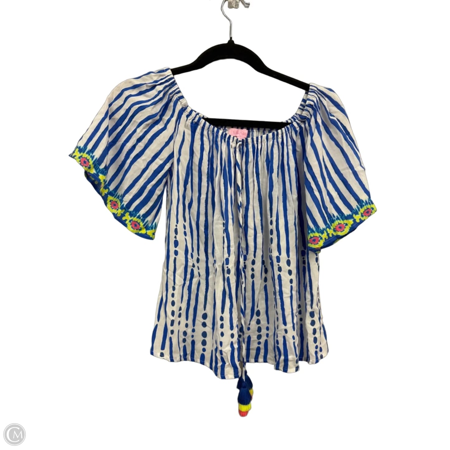 Top Short Sleeve Designer By Lilly Pulitzer In Blue & White, Size: S