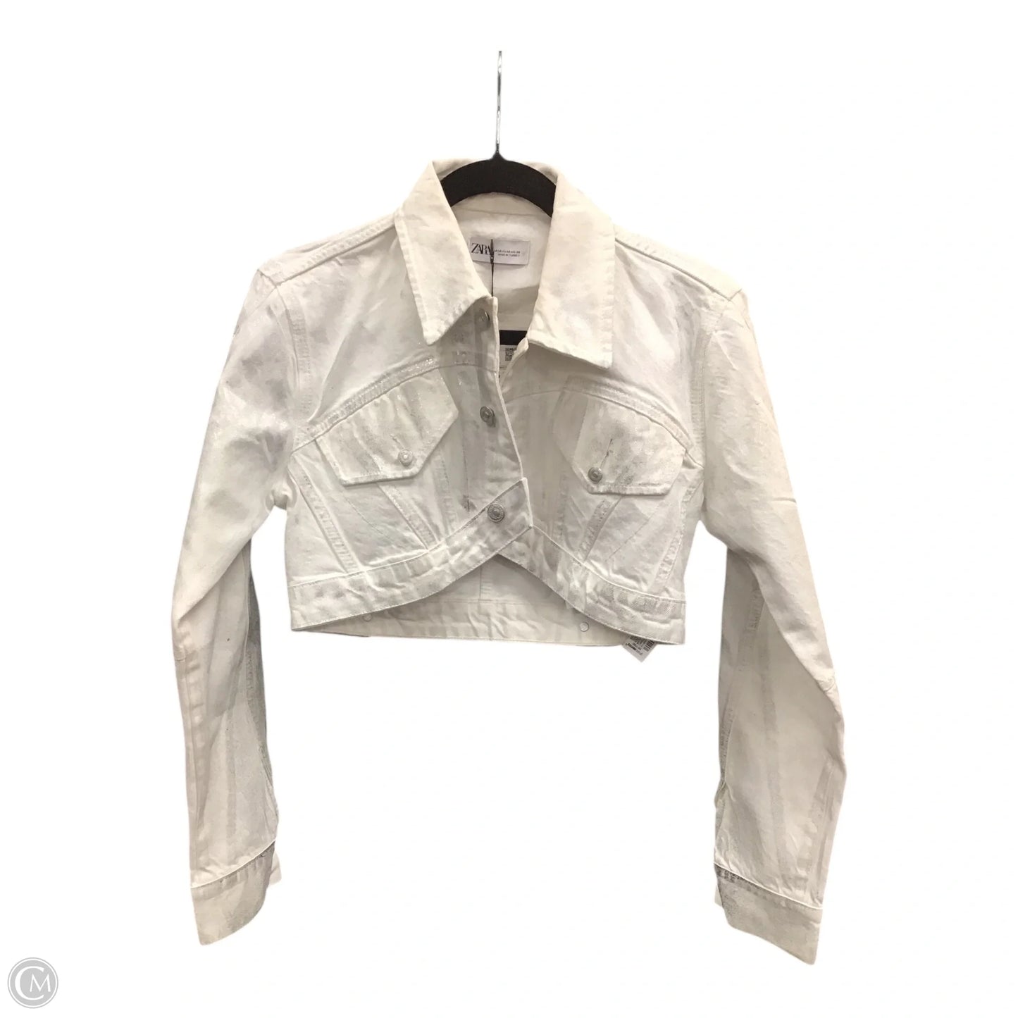 Jacket Denim By Zara In Silver & White, Size: M