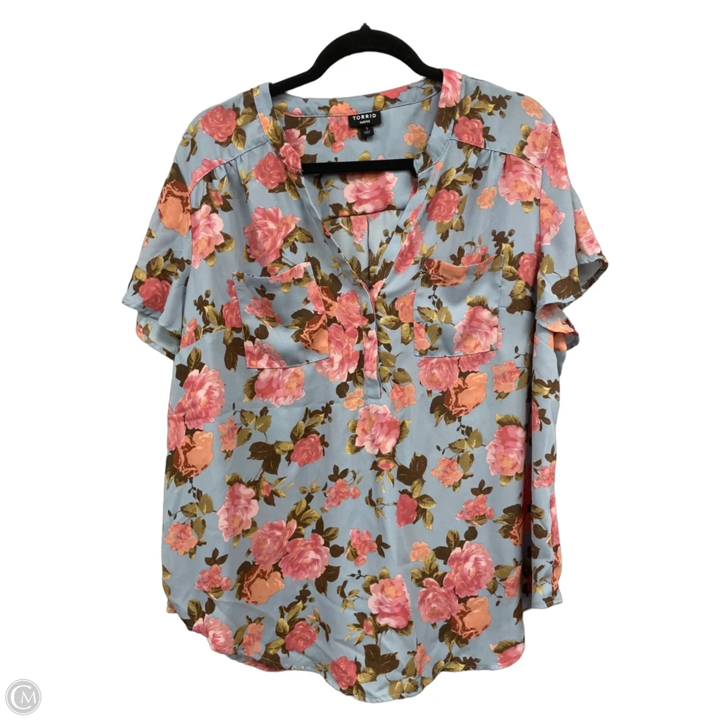 Blouse Short Sleeve By Torrid In Blue & Pink, Size: 1x