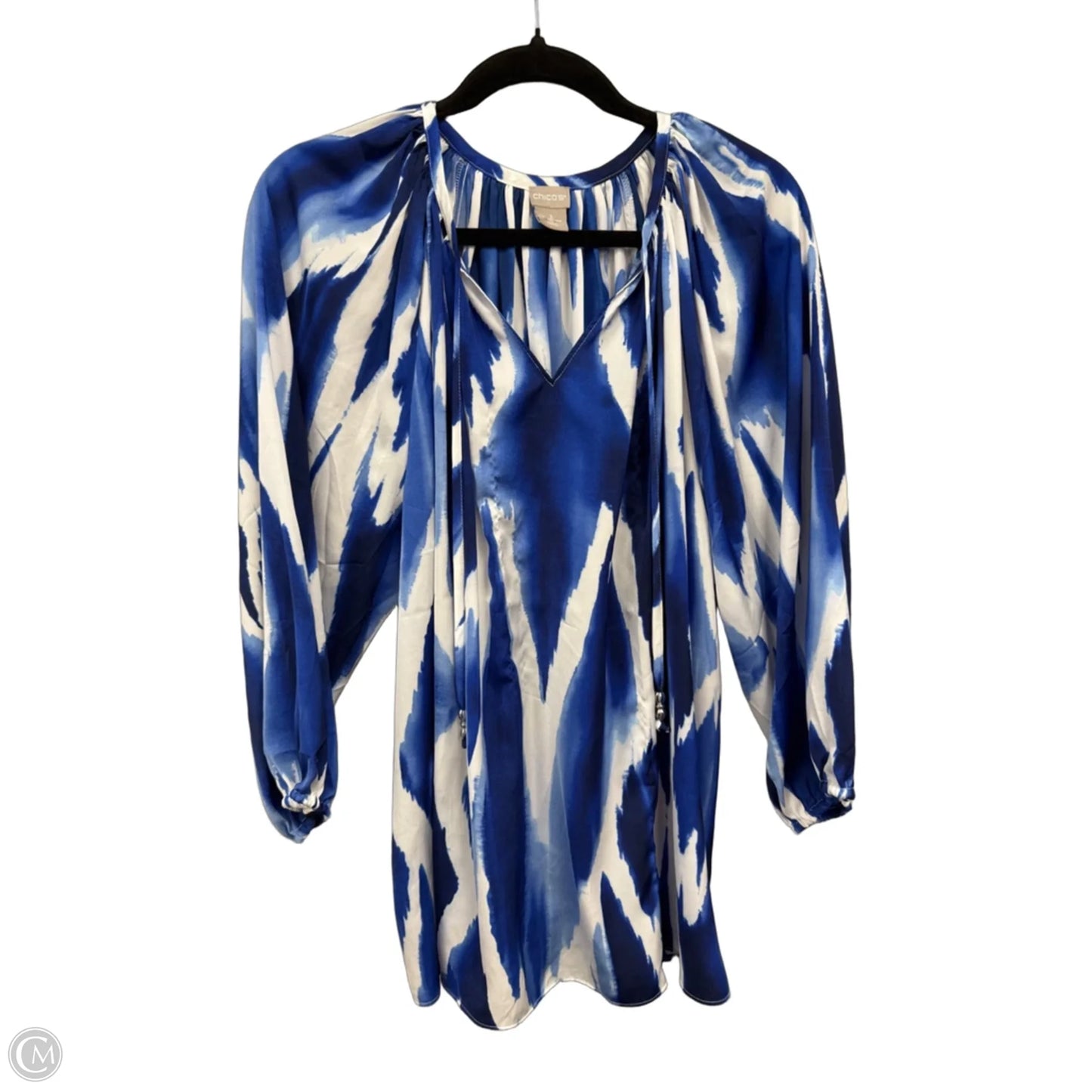 Blouse 3/4 Sleeve By Chicos In Blue & White, Size: Xl