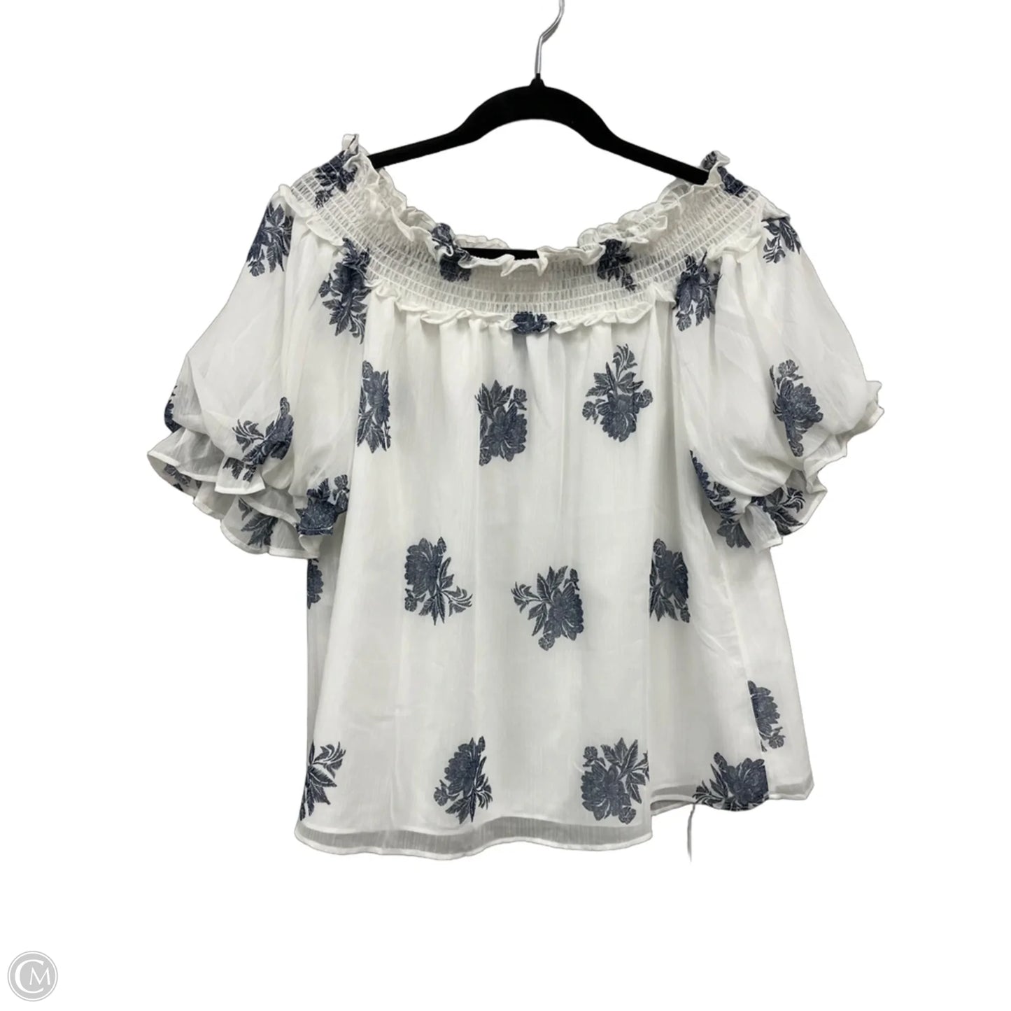 Blouse Short Sleeve By Cece In Blue & White, Size: L