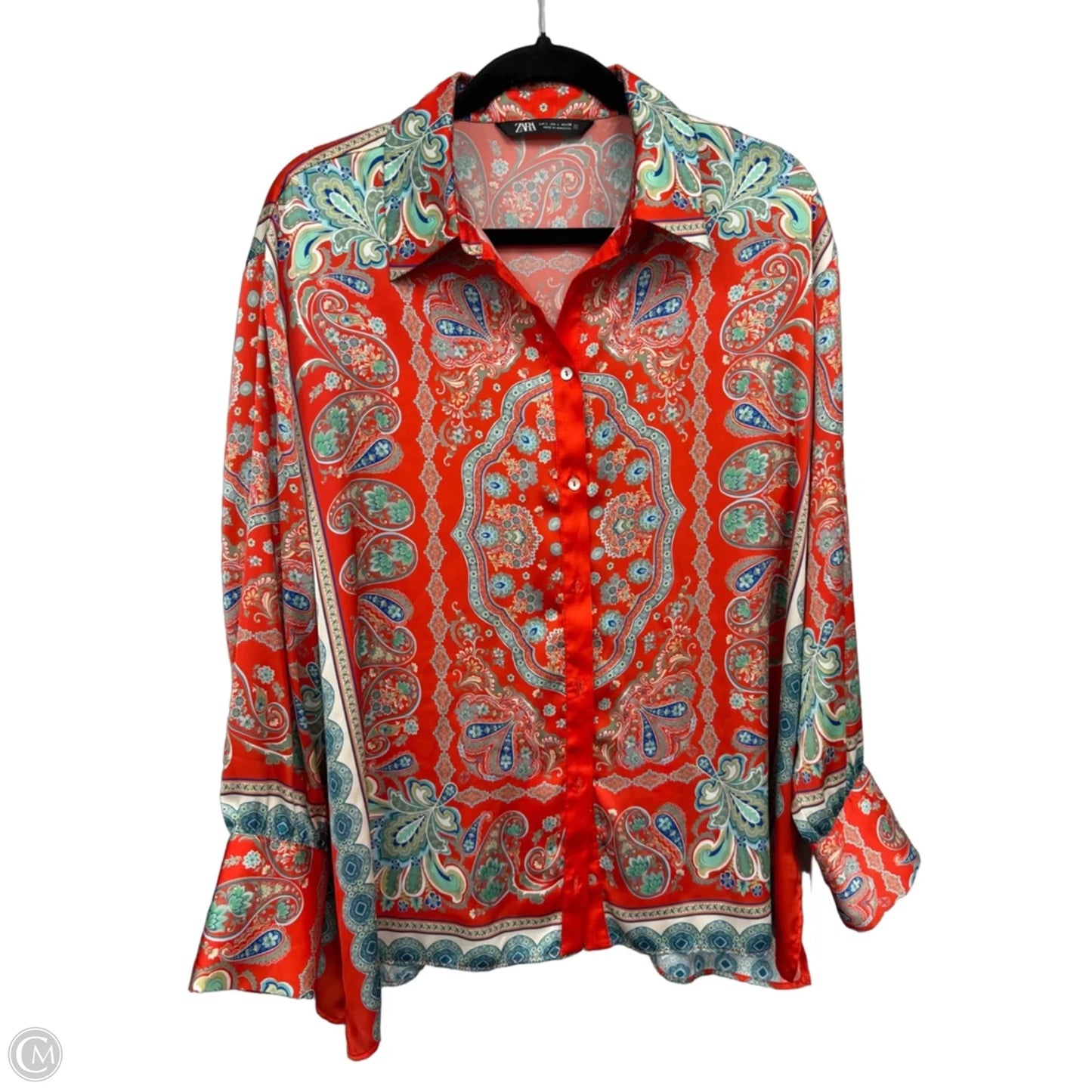 Blouse Long Sleeve By Zara In Blue & Orange, Size: L